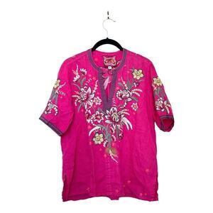 Johnny Was Jessica Easy V-Neck Linen Embroidered Floral Top In Pink Size XS
